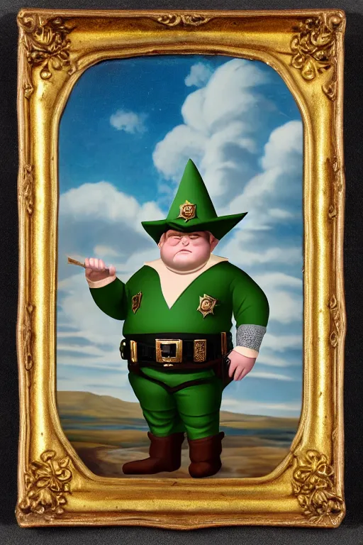 Image similar to high fantasy elf mall cop with a sheriff's badge that is fat, shifty, 1500s Oil Portrait, Carvagio, 8K scan