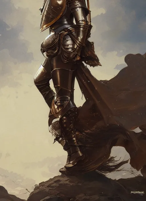 Image similar to medium-length portrait of a female knight with short curly hair and brown eyes, dark brown skin, happy expression, wears a combination of plate armor and boiled leather, medieval setting, highly detailed, digital painting, artstation, concept art, sharp focus, illustration, art by greg rutkowski and alphonse mucha