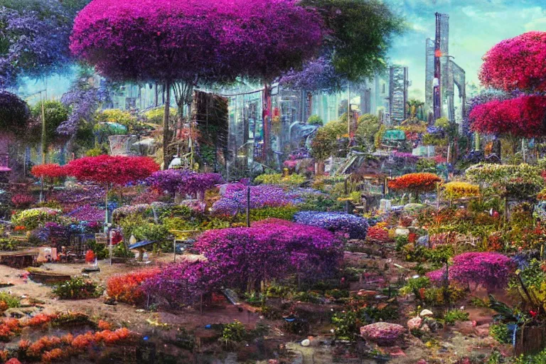 Image similar to oil painting, super - detailed scene electronics waste dump, cyberpunk garden, agbogbloshie, indigo blooming flowers garden, japanese sci - fi books art, artwork by jean giraud, hd, 4 k, high quality