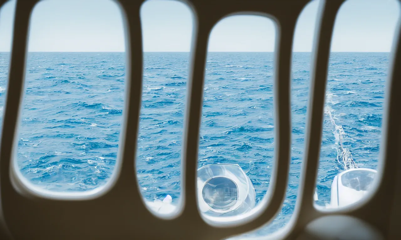 Image similar to view through the horizontal big oval window of Gulfstream G650 at the sea, man unfocused, sea in the focus, super yacht on a horizon, summicron 35mm f/2