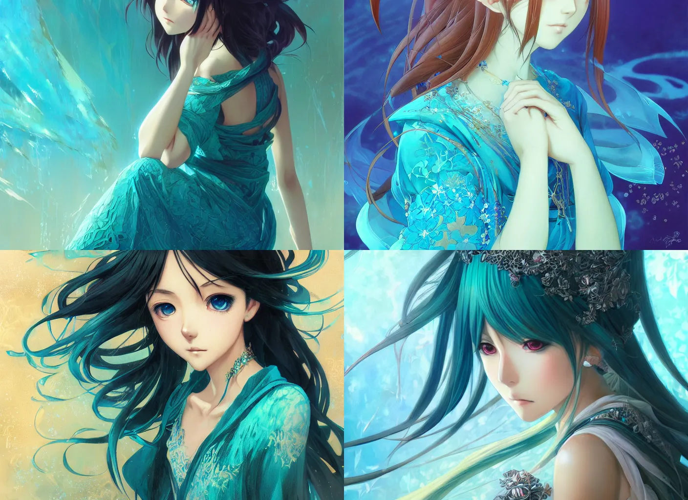 Prompt: anime girl wearing an intricate turquoise dress, digital portrait by artgerm and makoto shinkai, artwork by karol bak and huifeng huang, artstation