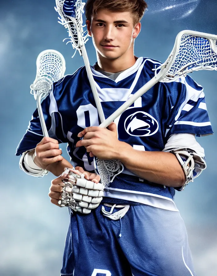 Image similar to closeup portrait of very beautiful cute male lacrosse player in a penn state stadium, glamour pose, particle effects, backlit, highly detailed, soft ambient lighting, sharp focus, rule of thirds, artgerm, wlop, arney freytag, rossdraws, frank frazetta, andrei riabovitchev, hd, octane, 4 k