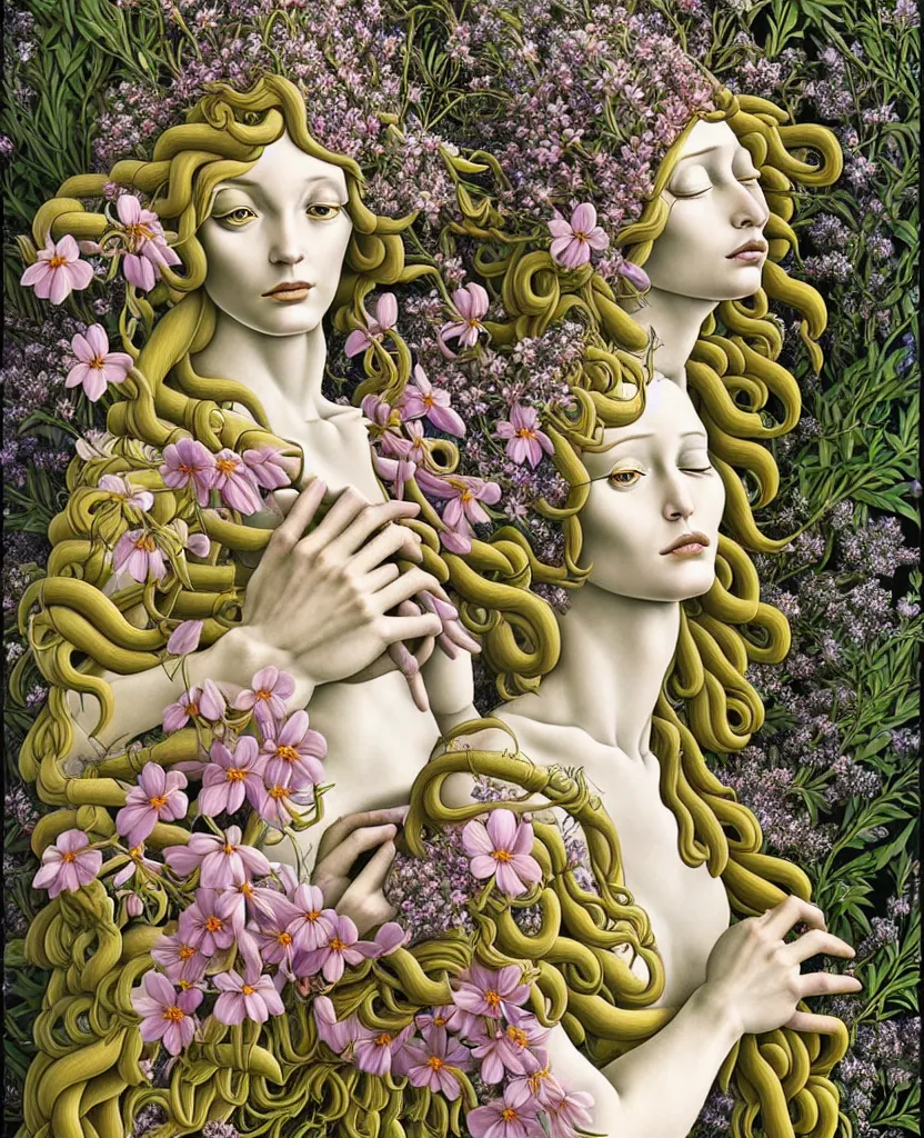 Image similar to the deity of Spring, made entirely out of flora and fauna, in a style combining Botticelli, Möbius and Æon Flux, surrealism, stunningly detailed artwork, hyper photorealistic 4K, vivid and perfect colors, very fine inking lines