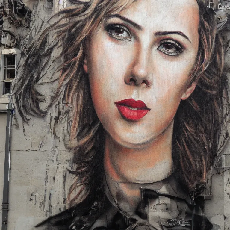 Prompt: Detailed street-art portrait of Scarlett Ingrid Johansson in style of Eduardo Korba, detailed face, high quality