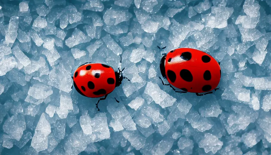 Prompt: a ladybug on ice, minimalist poster style