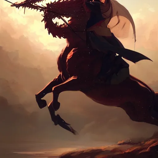 Image similar to st. george on a horse spearing a dragon through the heart 4 k, concept art, by wlop, ilya kuvshinov, artgerm, krenz cushart, greg rutkowski, pixiv. cinematic dramatic atmosphere, sharp focus, volumetric lighting, cinematic lighting, studio quality