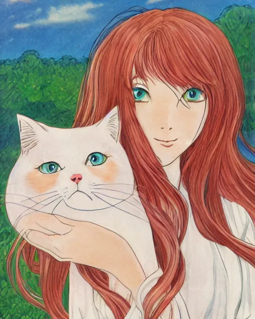 Image similar to a portrait of a young woman with very long pink hair undulating on the wind, light brown eyes, slightly chubby, pale skin, pretty, cute, holding a white cat. by naoko takeuchi