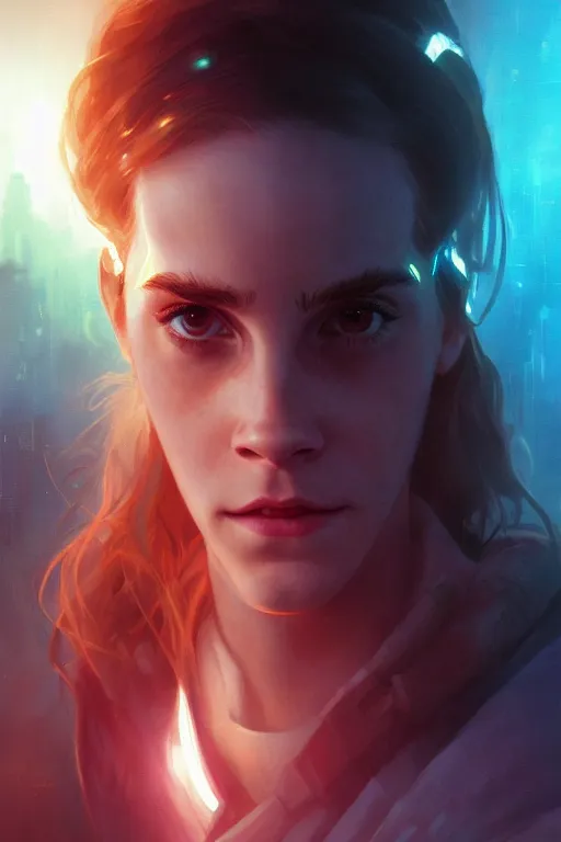 Prompt: portrait of cyborg Emma Watson as Hermione Granger in cyberpunk, neon lighting, night city, digital art from artstation by Ruan Jia and Mandy Jurgens and Artgerm and william-adolphe bouguereau and Greg Rutkowski and Wayne Barlowe