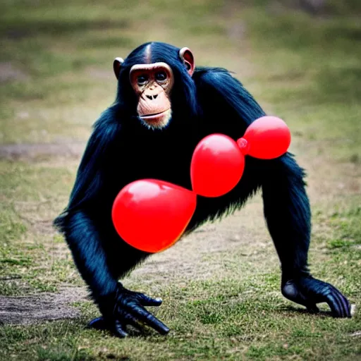 Image similar to a chimpanzee dressed a s a ninja fighting a red balloon