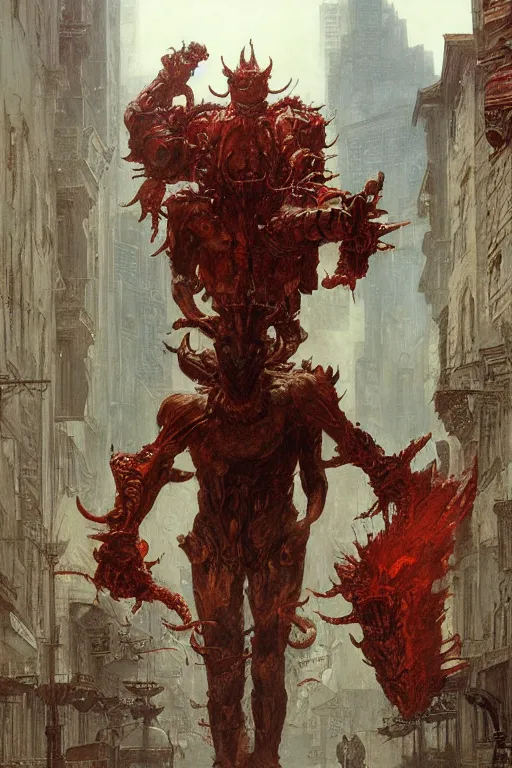 Prompt: huge bipedal hell demon with bulbous torso and flaming head wearing armour walks down city street, painted by ruan jia, raymond swanland, lawrence alma tadema, zdzislaw beksinski, norman rockwell, jack kirby, tom lovell, alex malveda, greg staples