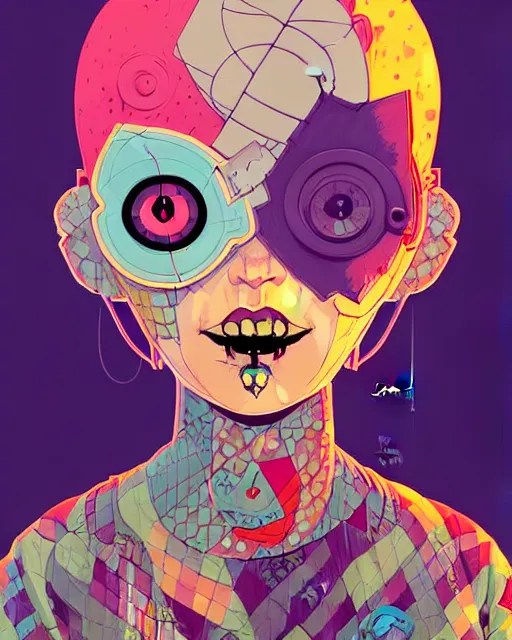 Image similar to cell shaded cartoon portrait of a patchwork doll, loud colors, post grunge, concept art by josan gonzales and wlop, by james jean, victo ngai, david rubin, mike mignola, laurie greasley, highly detailed, sharp focus, trending on artstation, hq, deviantart, art by artgem