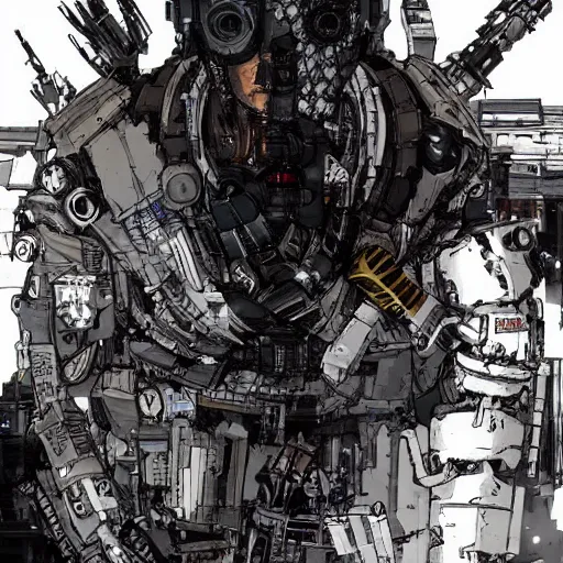 Prompt: a post-apocalyptic cyberpunk grimdark cyborg in the style of leonard boyarsky in the style of Yoji Shinkawa detailed realistic HD 8k High Resolution
