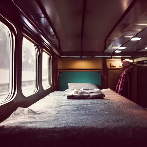 Image similar to bonobo inside of a train compartment room sitting on bed, rainy window, night, soft lighting