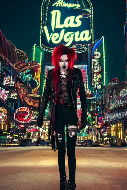 Prompt: full body portrait of a punk vampire on the Las Vegas strip at night, cinematic, hyper realism, high detail, octane render, 8k, CGsociety, concept art