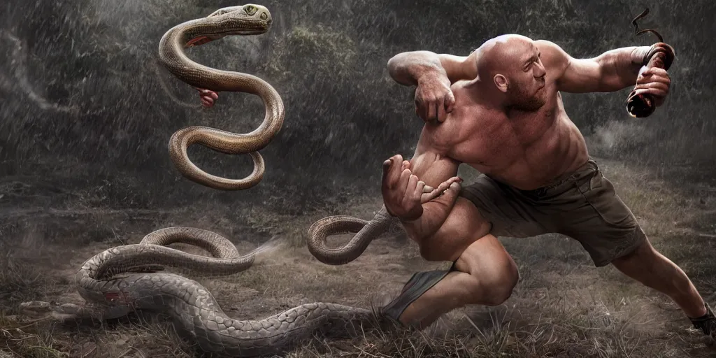 Image similar to The Ryback fighting a snake outdoors, highly detailed, intricate, digital illustration, hyperrealistic, photorealistic, ultra hd, cinematic lighting, award-winning, 4k, beautiful color, high quality, high textured, lens flare