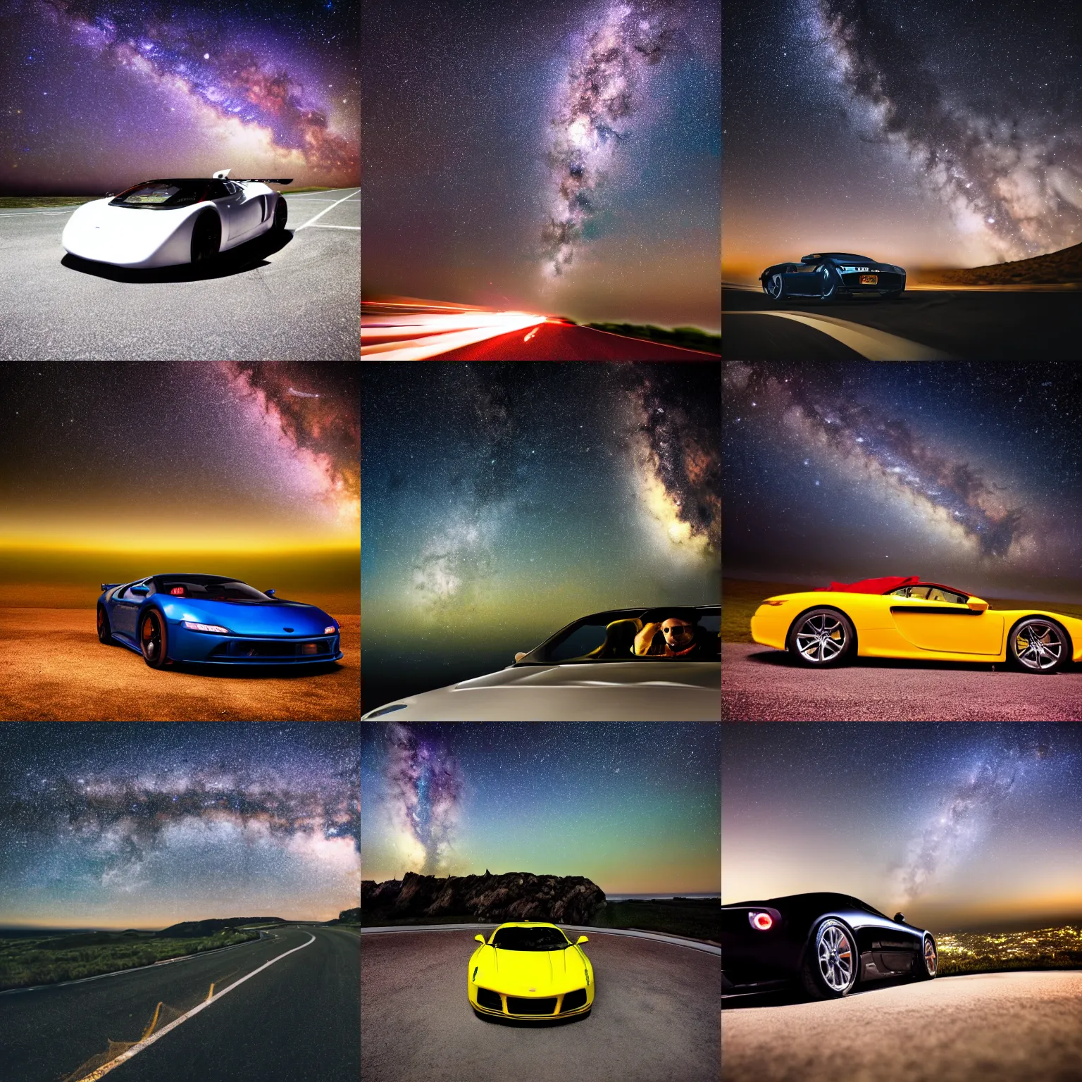 Prompt: professional photography of sport car drive in space to the Milky Way,