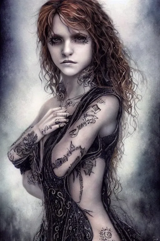 Image similar to dressed Hermione conjures in tattoos, by luis royo, beautiful gown, beautiful eyes, Beautiful face, by Aggi Erguna, high detail, high resolution