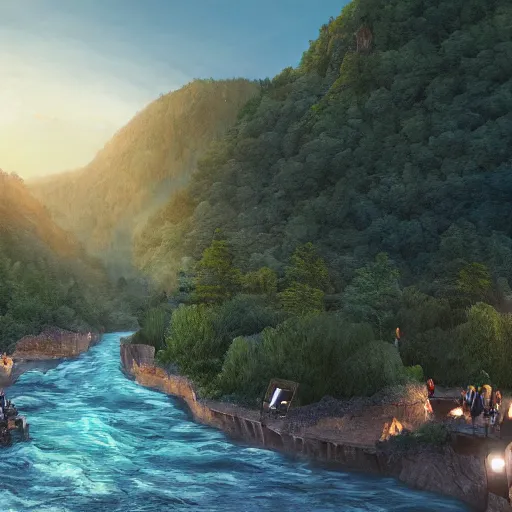 Image similar to river valley with steep rock walls on each side and a constructed stage in the center on top of the river with people putting on a performance, high quality digital art, cinematic lighting, 4 k, concept art