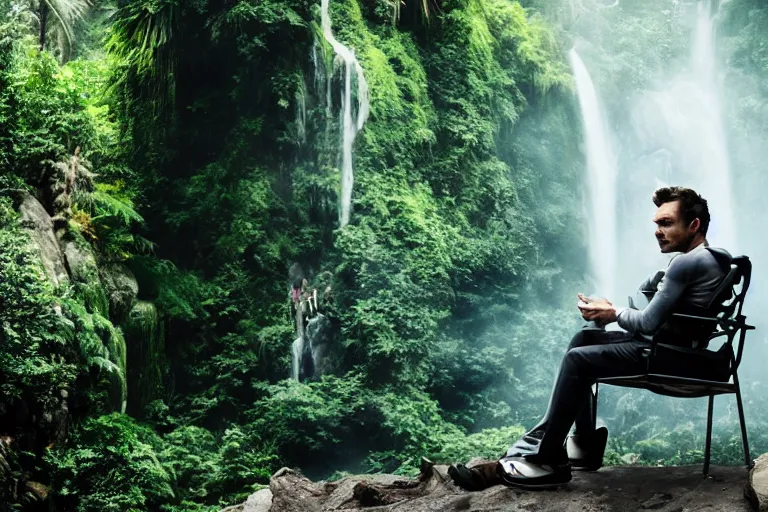 Prompt: movie closeup young man with a grey beard in a cyberpunk suit sitting on a futuristic chair at the edge of a jungle waterfall 8 5 mm by emmanuel lubezki