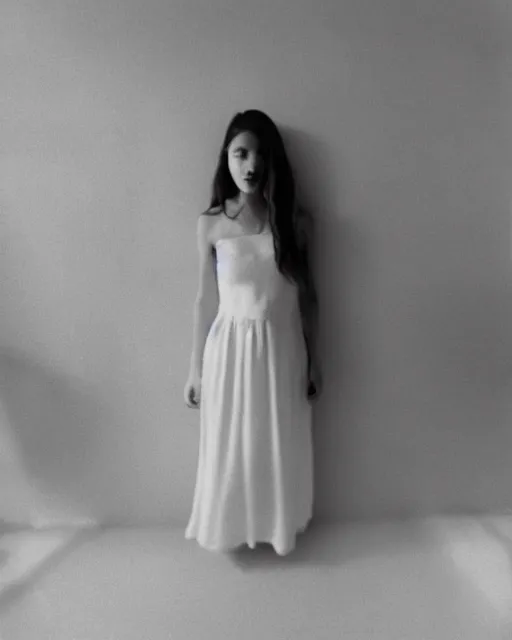 Image similar to a beautiful and eerie instant photo of a pretty young woman wearing a white dress standing in a vast room with blood on the walls, something sinister is happening behind her