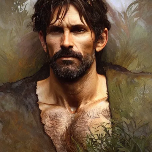 Image similar to portrait of the god of the forest, 40 years old, rugged, male, gorgeous, detailed face, amazing, hairy torso, muscular, intricate, highly detailed, digital painting, artstation, concept art, sharp focus, illustration, art by greg rutkowski and alphonse mucha