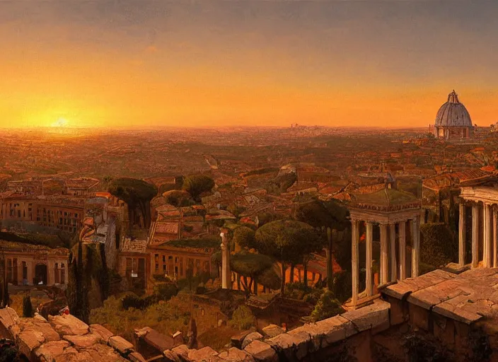 Image similar to A painting of a panoramic view of Rome at sunset, by Greg Rutkowski and James Gurney, trending on Artstation, highly detailed