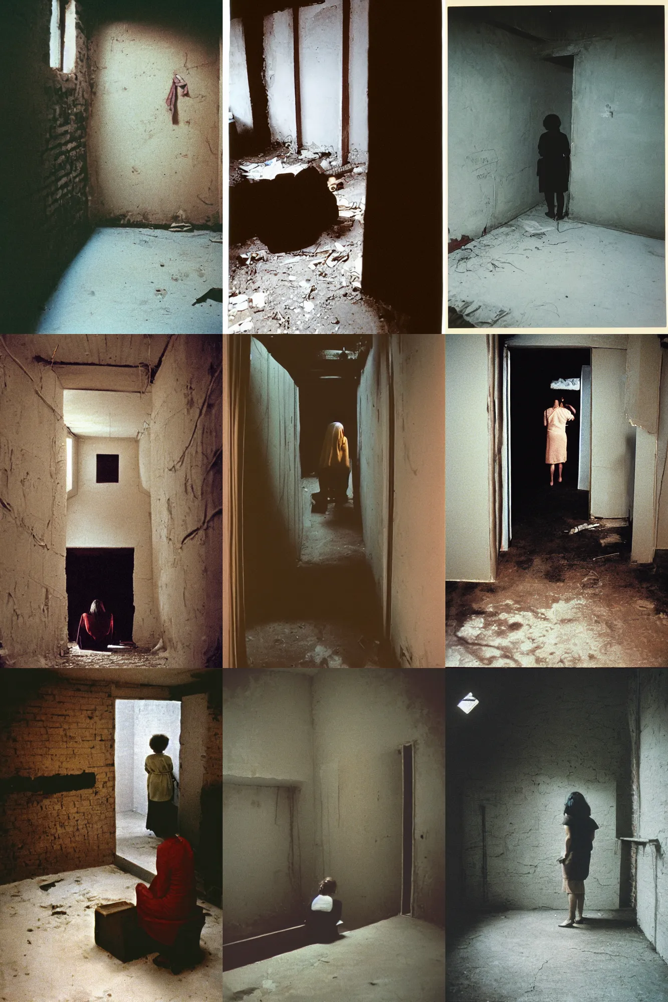 Prompt: color photograph, view from behind, a woman in the empty basement, 1 9 9 0 photograph magazine