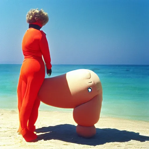 Image similar to A sad woman wearing an inflatable animal to the beach, 1980, color film expired film, aged photo, fellini almodovar john waters