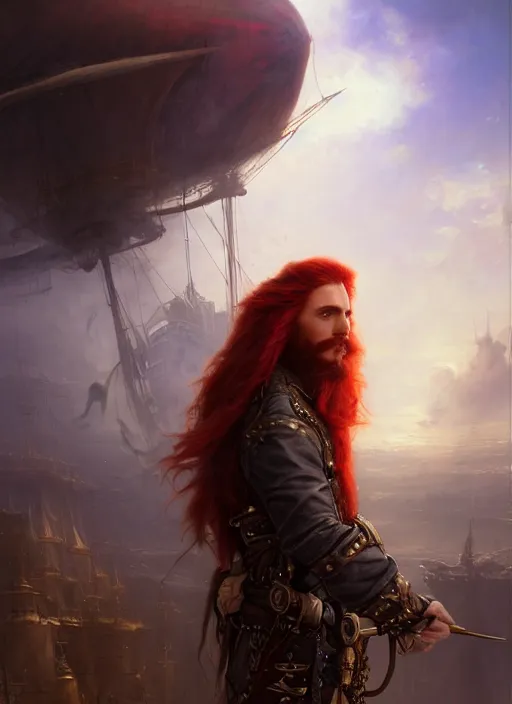 Prompt: portrait painting of a long hair red hair male pirate in front of steampunk airship in the sky by raphael lacoste and stephan martiniere greg rutkowski gaston bussiere fantasy soft hair trending on artstation key art dramtic volumetric lighting, 4 k, award winning