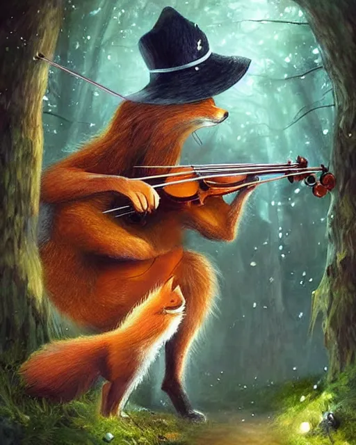 Image similar to Fox playing violin in magical forest, portrait, wearing hat, magical notes, fairy atmosphere, magic the gathering artwork, D&D, fantasy, cinematic lighting, centered, symmetrical, highly detailed, digital painting, artstation, concept art, smooth, sharp focus, illustration, volumetric lighting, epic Composition, 8k, art by Akihiko Yoshida and Greg Rutkowski and Craig Mullins, oil painting, cgsociety