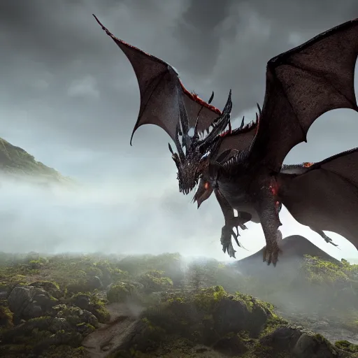 Prompt: 100 dragons in lotr style flying towards a giant active volcano, unreal engine, realistic 8K