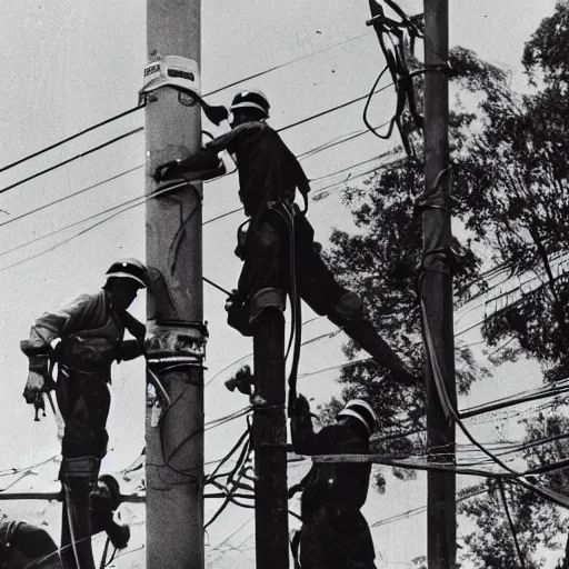 Image similar to A dramatic photo of a an electrician receiving CPR on top of a electric pole after being electrocuted (1967). Two electricians are wearing harnesses. Black and White