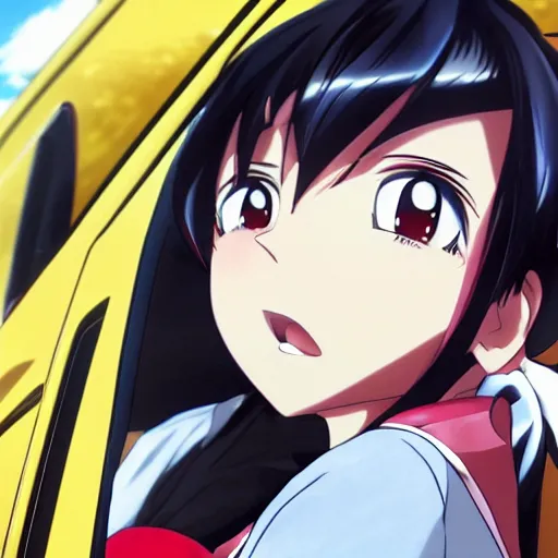 Prompt: closeup of a high definition anime girl riding a Hyundai Accent 1996 model with armenia quindio in the background in Initial D manga style, 8k, official media, wallpaper, hd