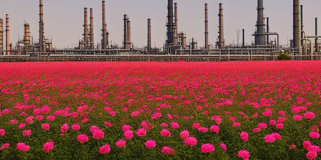 Image similar to a beautiful big field of rosses with in the background industry buildings with dirty smoke oil refinery, f / 2. 8, global illumination, by zeng fanzhi