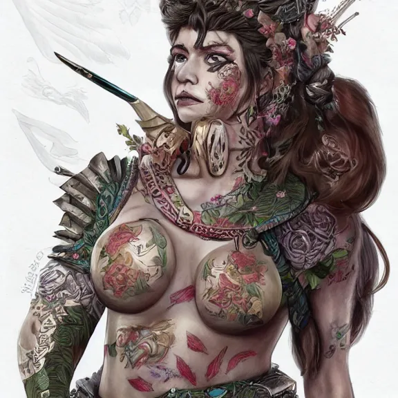 Image similar to christine henderson as a female warrior, body covered in floral tattoos, d & d, fantasy, highly detailed, digital art, trending on artstation, smooth, sharp focus, illustration, art by peter tang and artgem