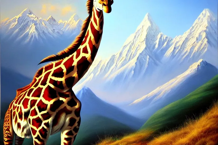 Image similar to ( ( a beautiful 8 k photorealistic masterpiece oil painting ) ( of ( a giraffe riding a tiger ) ( in the nepalese himalayas ) ) ( hyperrealism ) ( 1 6 k ) ( trending on artstation )