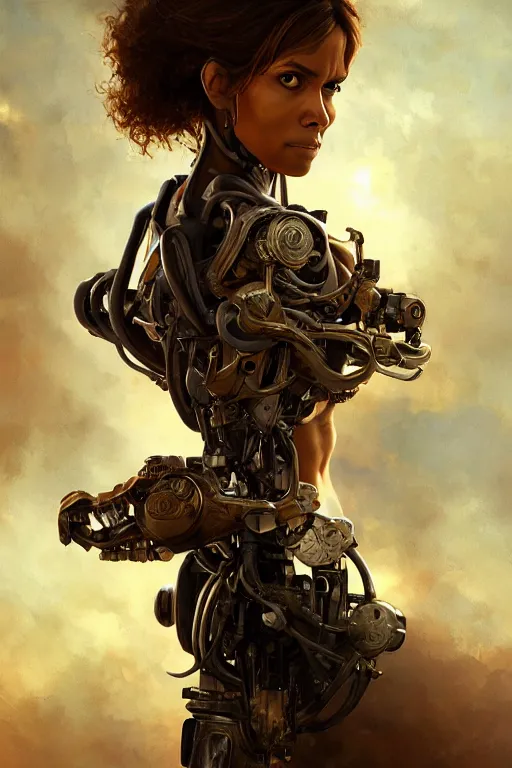 Image similar to portrait oils, beautiful female hybrid cyborg halle berry regal, realistic, refined, detailed, digital art, jessica rossier, michael cheval, esao andrews, steampunk, walt disney, francois boucher, oil painting, highly detailed, cinematic lighting, unreal, natural