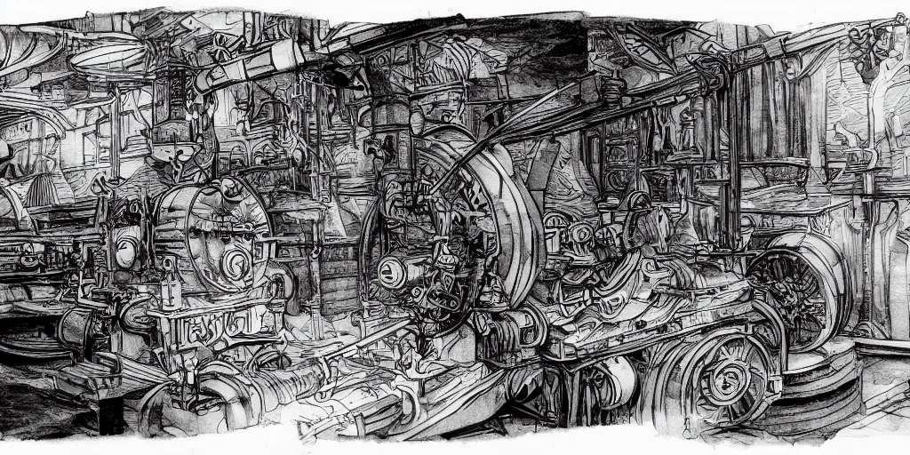 Prompt: Hissing bellows of colorful steam from the strange machine in the busy workshop. Black ink line drawing over a watercolor. Ethereal colors. 4K.