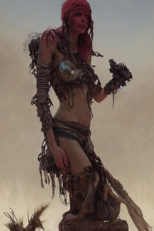 Prompt: a full body portrait of a beautiful post apocalyptic offworld slavers district bedouin blind pulp fiction scarlet wild rogue barbarian leper begging by the roadside, intricate, elegant, highly detailed, digital painting, artstation, concept art, smooth, sharp focus, illustration, art by krenz cushart and artem demura and alphonse mucha