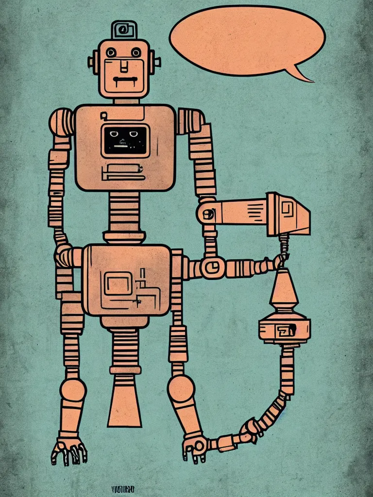 Image similar to tierra connor style poster illustration of a sad retro science fiction robot in a city neighbourhood, vintage muted colors, some grungy markings