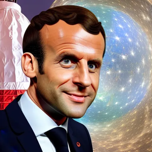 Image similar to emmanuel Macron, the French president in Apollo 11, hyper realistic multiple details, shimmering light