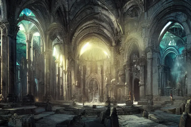 Image similar to concept art of ancient cathedral of forgotten cat people, national geographic, high fantasy, strong perspective, sacred perfect lighting,