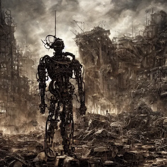 Prompt: gritty apocalyptic human - cyborg standing amongst destroyed machinery, hyper - detailed, sharp focus, 4 k ultra hd, fantasy dark art, apocalyptic art