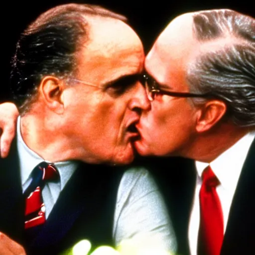 Prompt: rudy giuliani making out with donald trump in a scene from a remake of the movie titanic