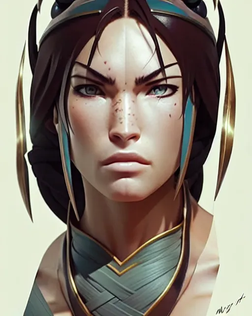 Image similar to azctec warrior, megan fox, detailed perfect face, exquisite details, fire magic, mid view, design on a white background, by studio muti, greg rutkowski makoto shinkai takashi takeuchi studio ghibli