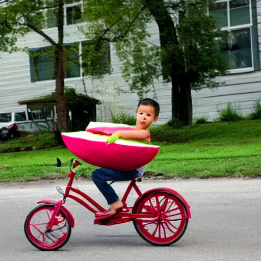 Image similar to a tricycle carrying watermelon, the boy fell asleep in the car, summer