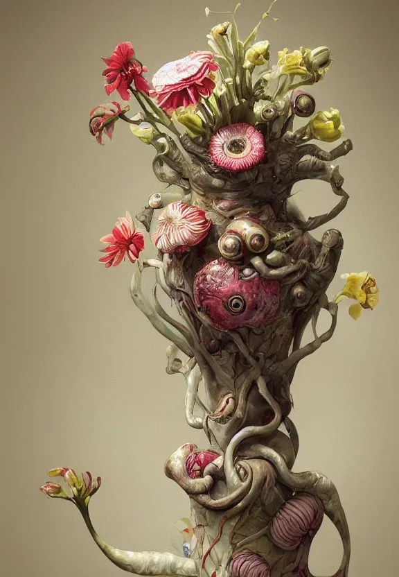 Image similar to biomorphic painting of a vase with flowers and eyeballs, au naturel, hyper detailed, melting plastic, trending in artstation, cinematic lighting, studio quality, smooth render, unreal engine 5 rendered, octane rendered, art style by dorothea tanning and marco mazzoni and ian sprigger and wlop and krenz cushart