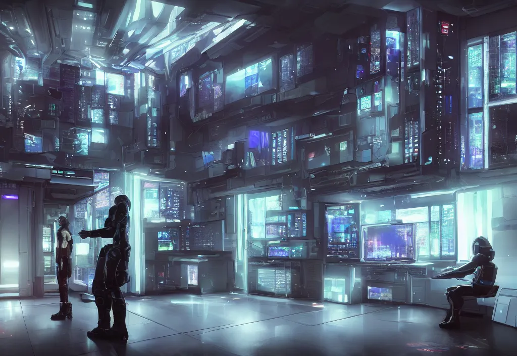 Image similar to cyberpunk server room in datacenter is the universe, dramatic lighting by barclay shaw style, by evan rhodes artstation style, human like a cyborg, cyberpunk character design, walking in server room, octane render 8 k, beautiful composition, ultra high details, professional master piece