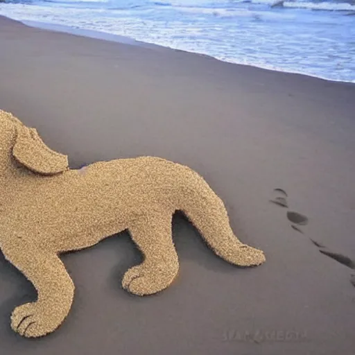 Prompt: a dog made of sand at the beach