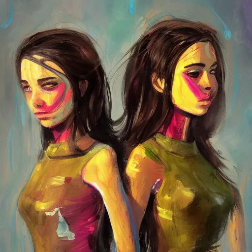 Image similar to a messy painting of Twin sisters. Trending on ArtStation